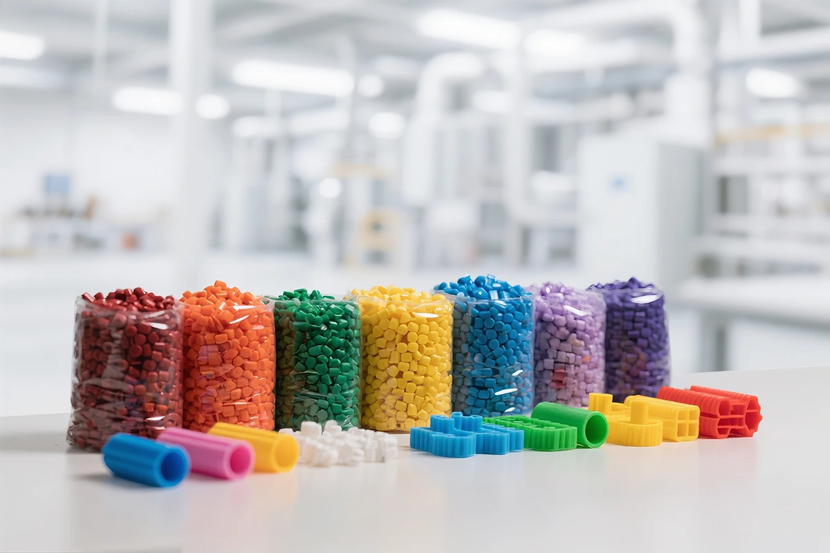 Multiple piles of plastic pellets in different colors and the corresponding colored parts