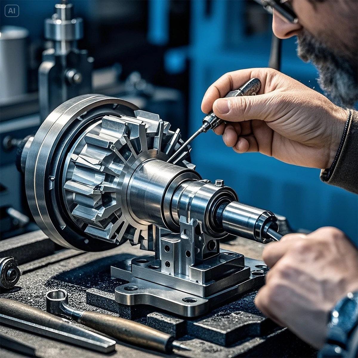 Profesjonalny inżynier testujący niestandardowy metalowy prototyp na maszynie CNC w zaawansowanym laboratorium produkcyjnym